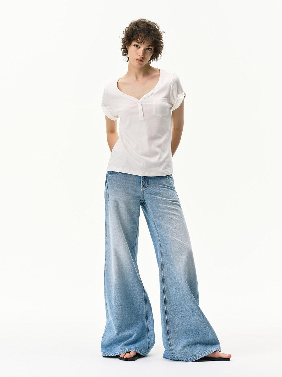 RUN TO THE FUTURE Light Blue Distressed Washed Vintage Low Rise Wide Leg Women&