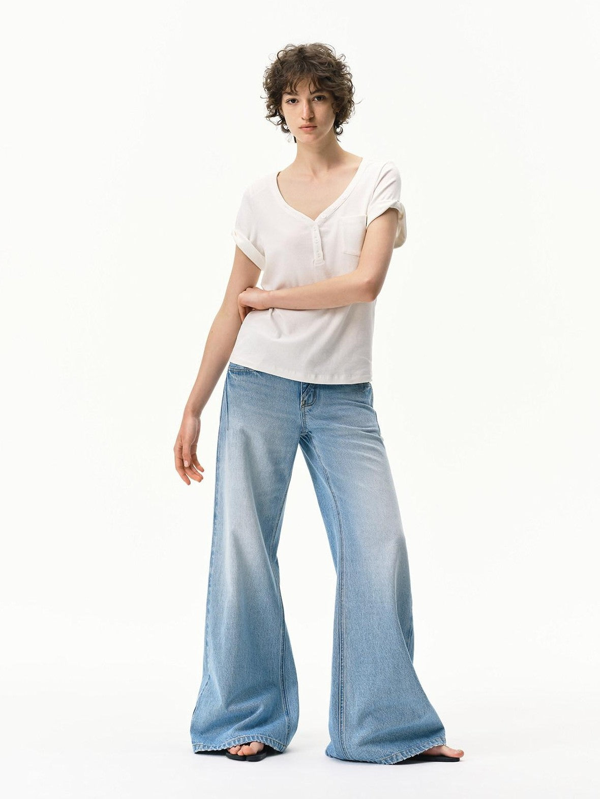 RUN TO THE FUTURE Light Blue Distressed Washed Vintage Low Rise Wide Leg Women&