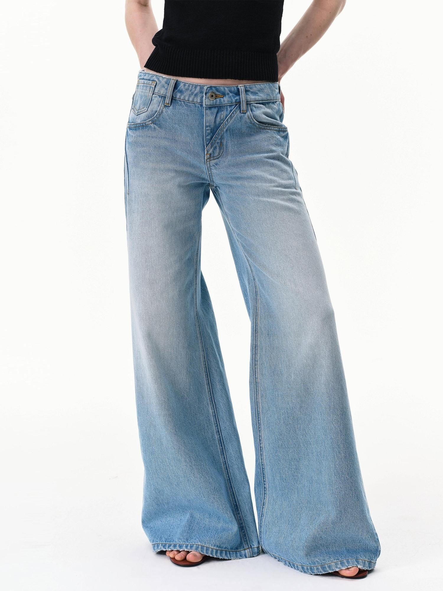 RUN TO THE FUTURE Light Blue Distressed Washed Vintage Low Rise Wide Leg Women&