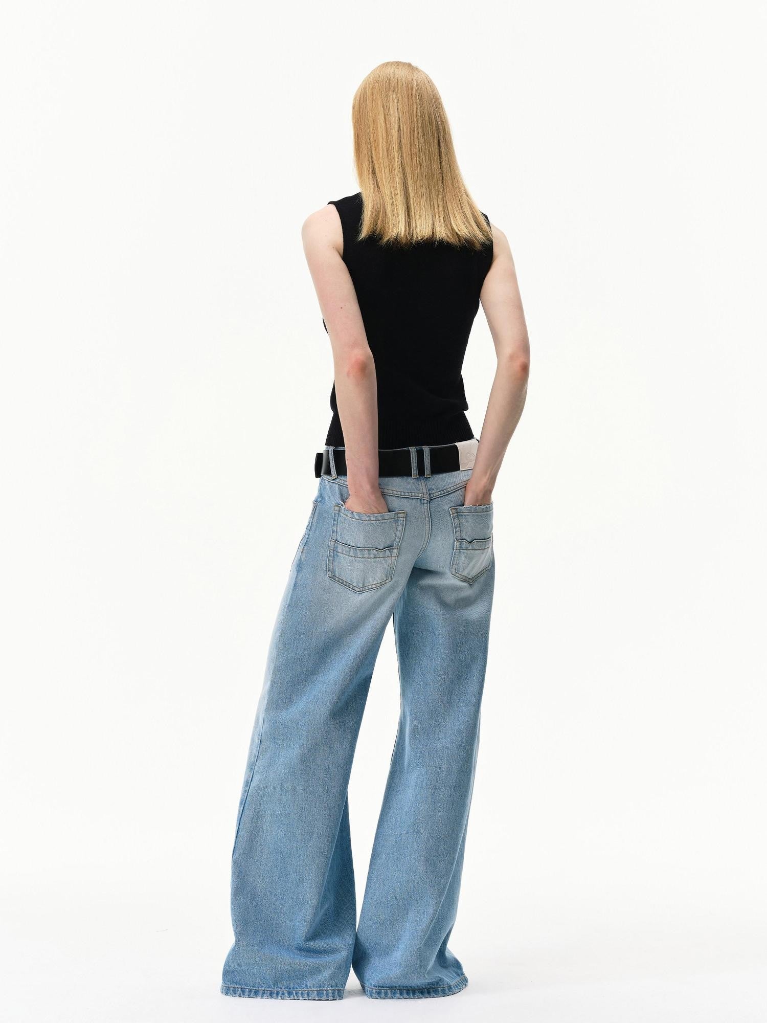 RUN TO THE FUTURE Light Blue Distressed Washed Vintage Low Rise Wide Leg Women&