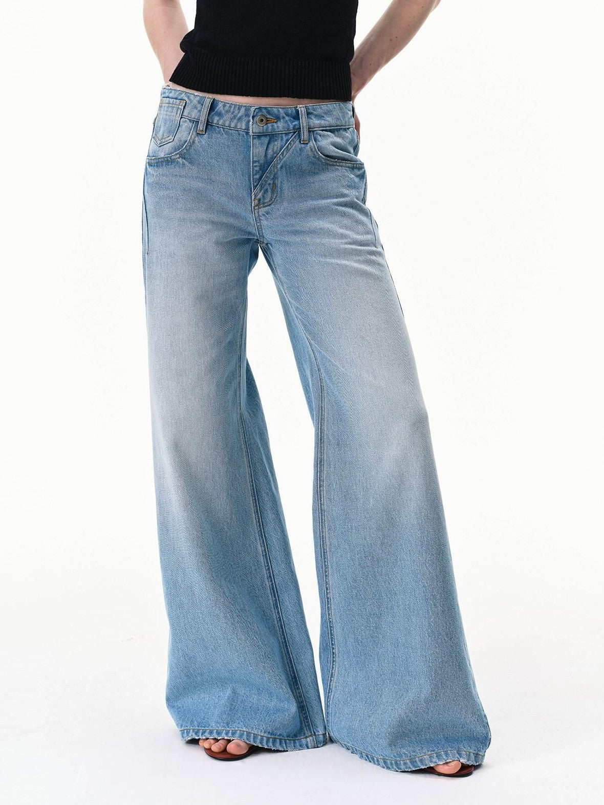 RUN TO THE FUTURE Light Blue Distressed Washed Vintage Low Rise Wide Leg Women&