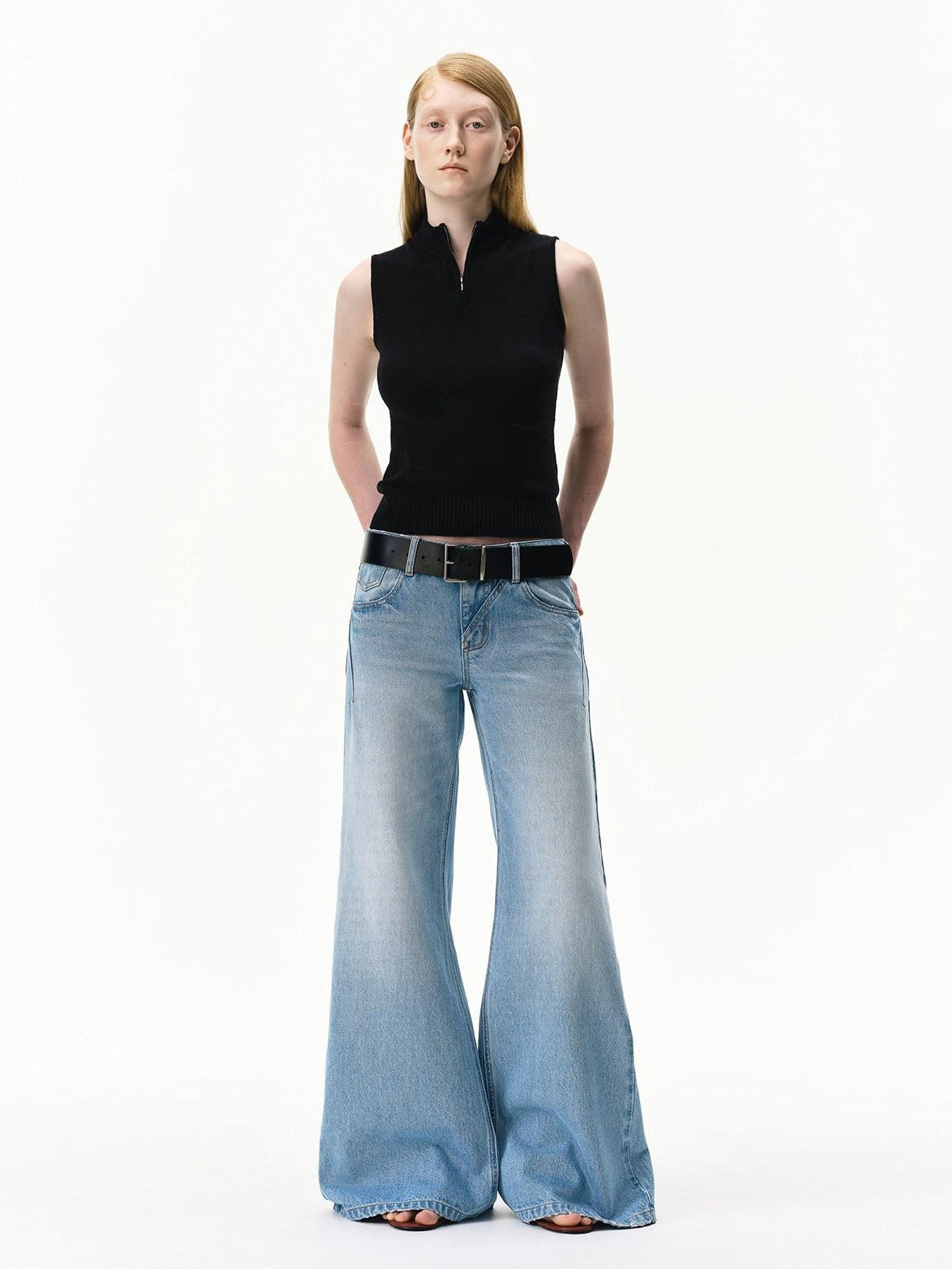 RUN TO THE FUTURE Light Blue Distressed Washed Vintage Low Rise Wide Leg Women&