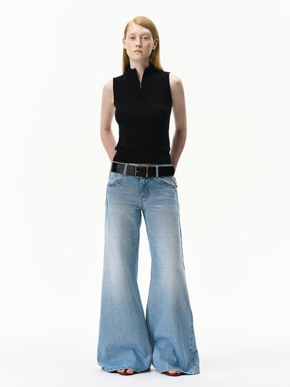 RUN TO THE FUTURE Light Blue Distressed Washed Vintage Low Rise Wide Leg Women&