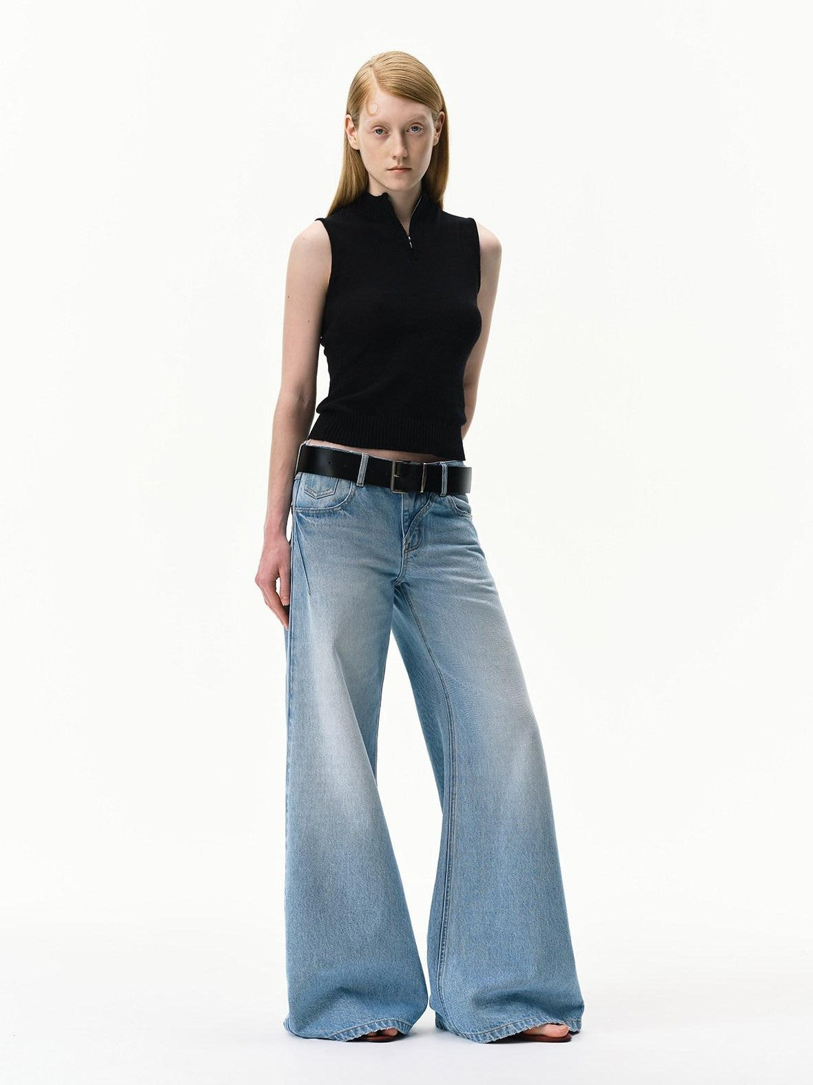RUN TO THE FUTURE Light Blue Distressed Washed Vintage Low Rise Wide Leg Women&