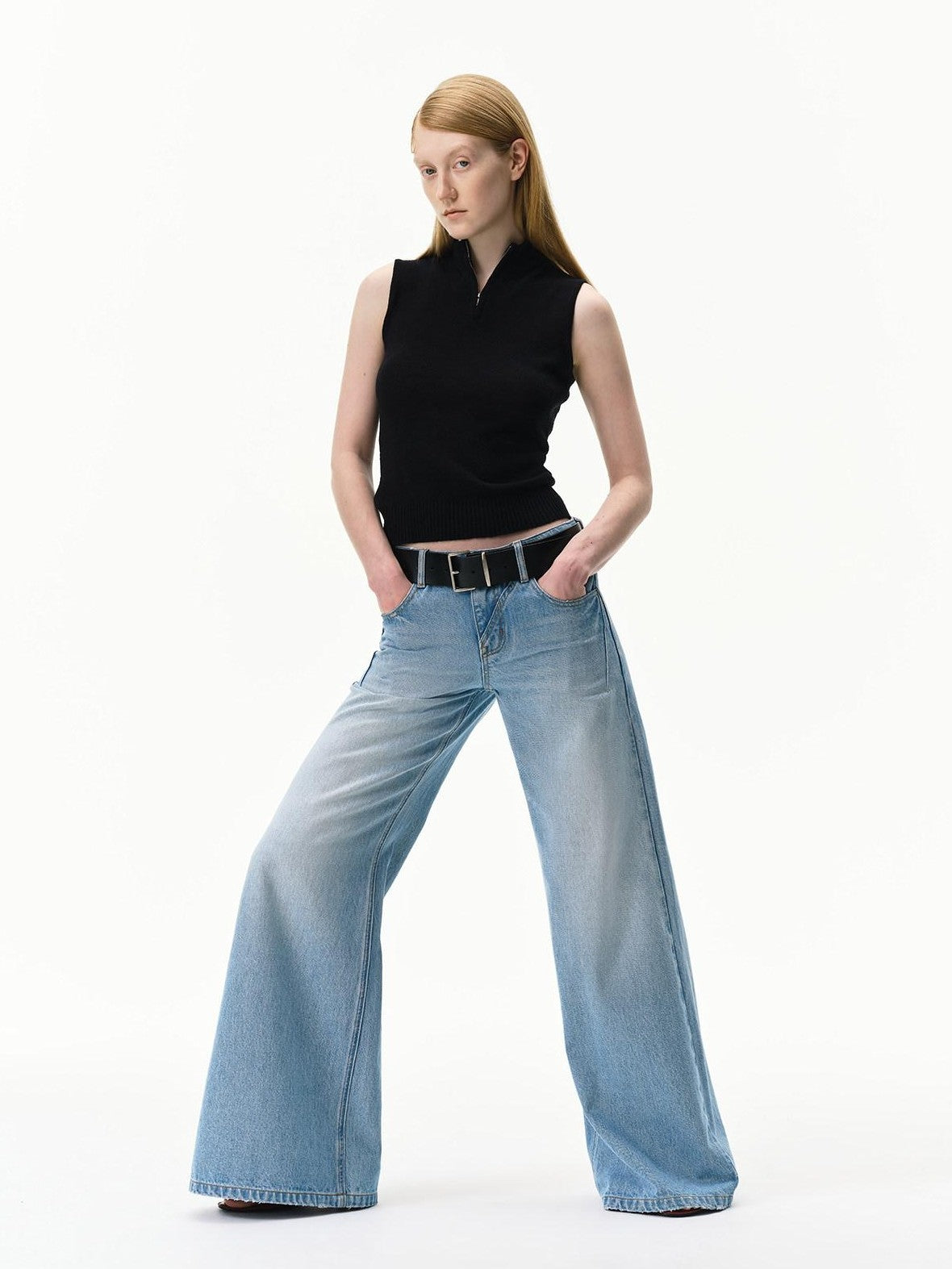 RUN TO THE FUTURE Light Blue Distressed Washed Vintage Low Rise Wide Leg Women&