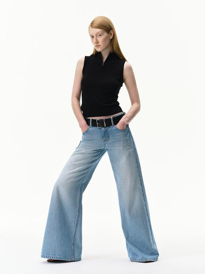 RUN TO THE FUTURE Light Blue Distressed Washed Vintage Low Rise Wide Leg Women&