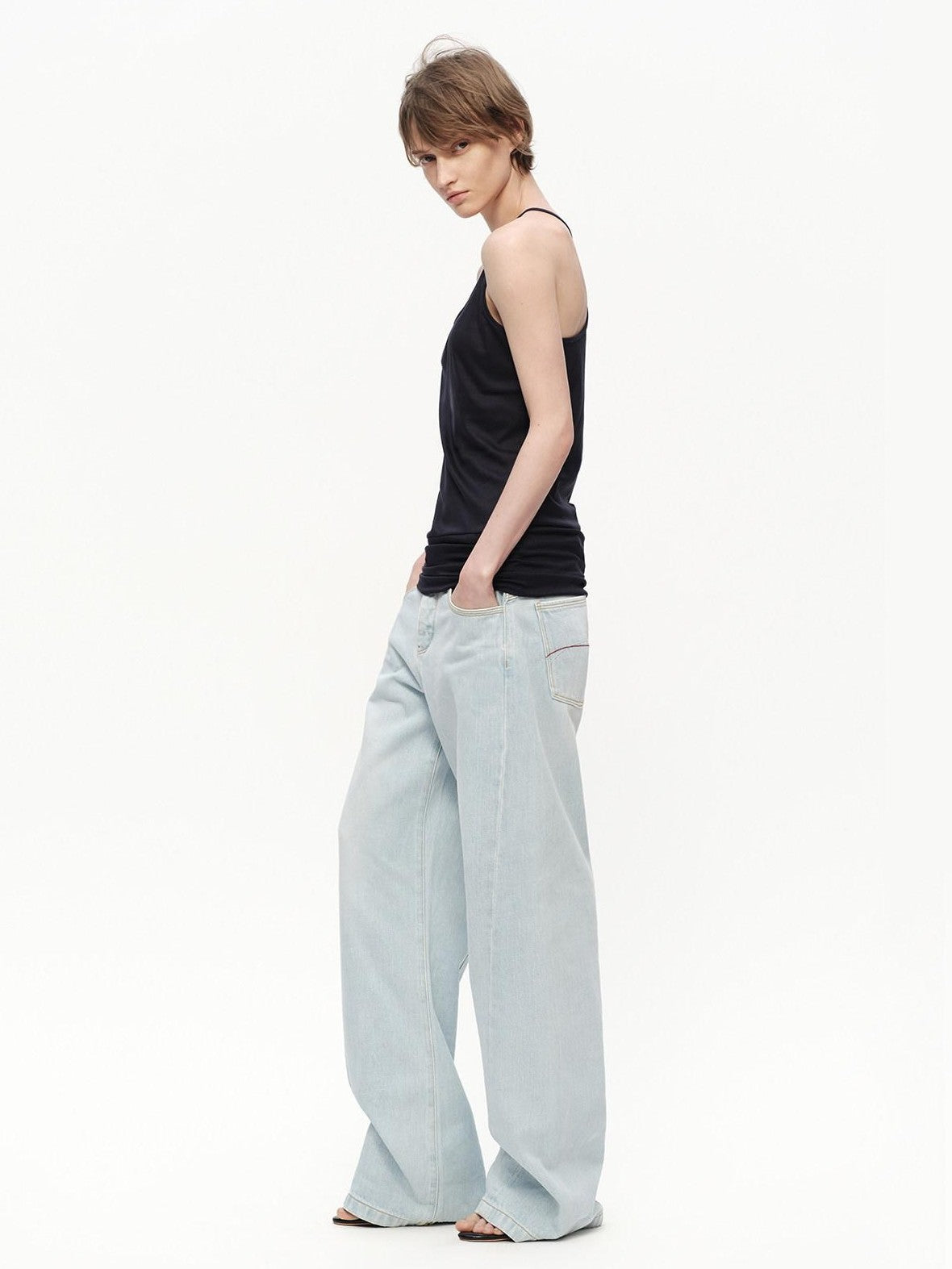 RUN TO THE FUTURE Light Blue Washed Paris Button Oversized Women&