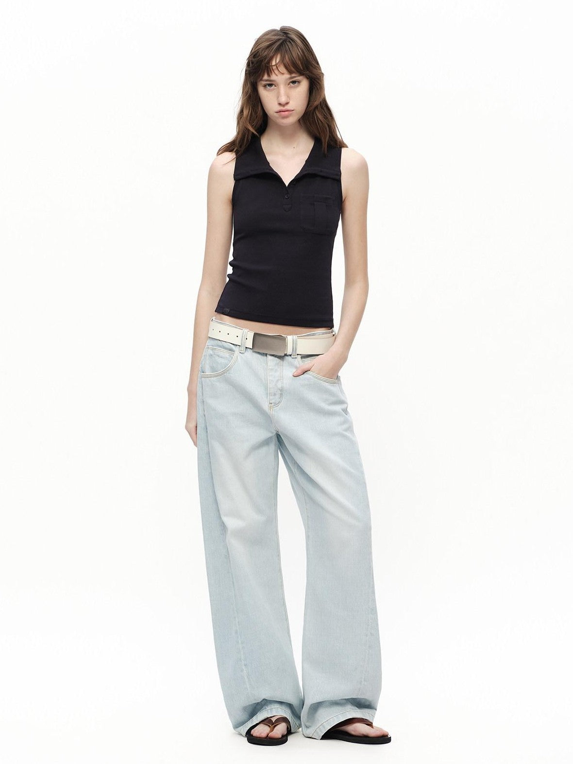 RUN TO THE FUTURE Light Blue Washed Paris Button Oversized Women&