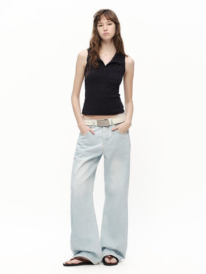 RUN TO THE FUTURE Light Blue Washed Paris Button Oversized Women&