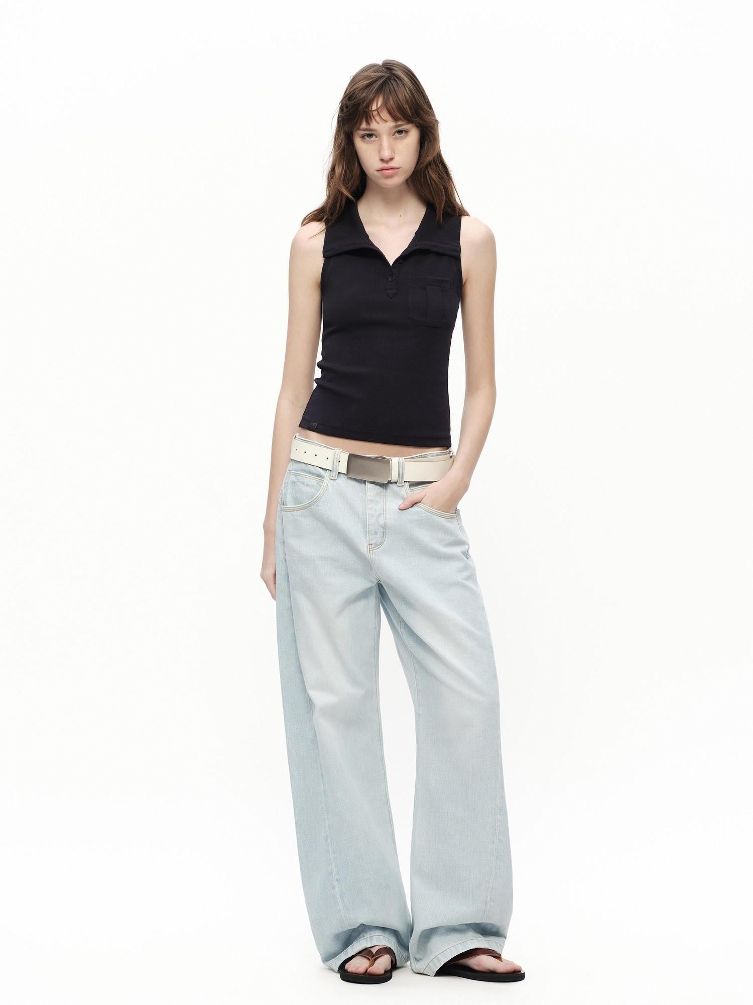 RUN TO THE FUTURE Light Blue Washed Paris Button Oversized Women&