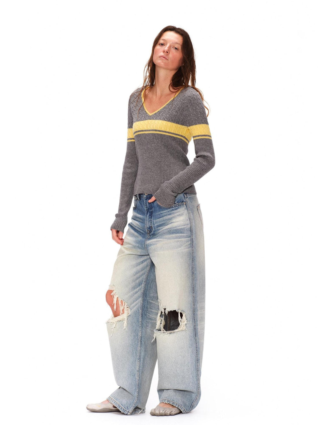 RUN TO THE FUTURE Light Wash Ripped Casual Loose Natural Waist Unisex Cotton Straight Jeans