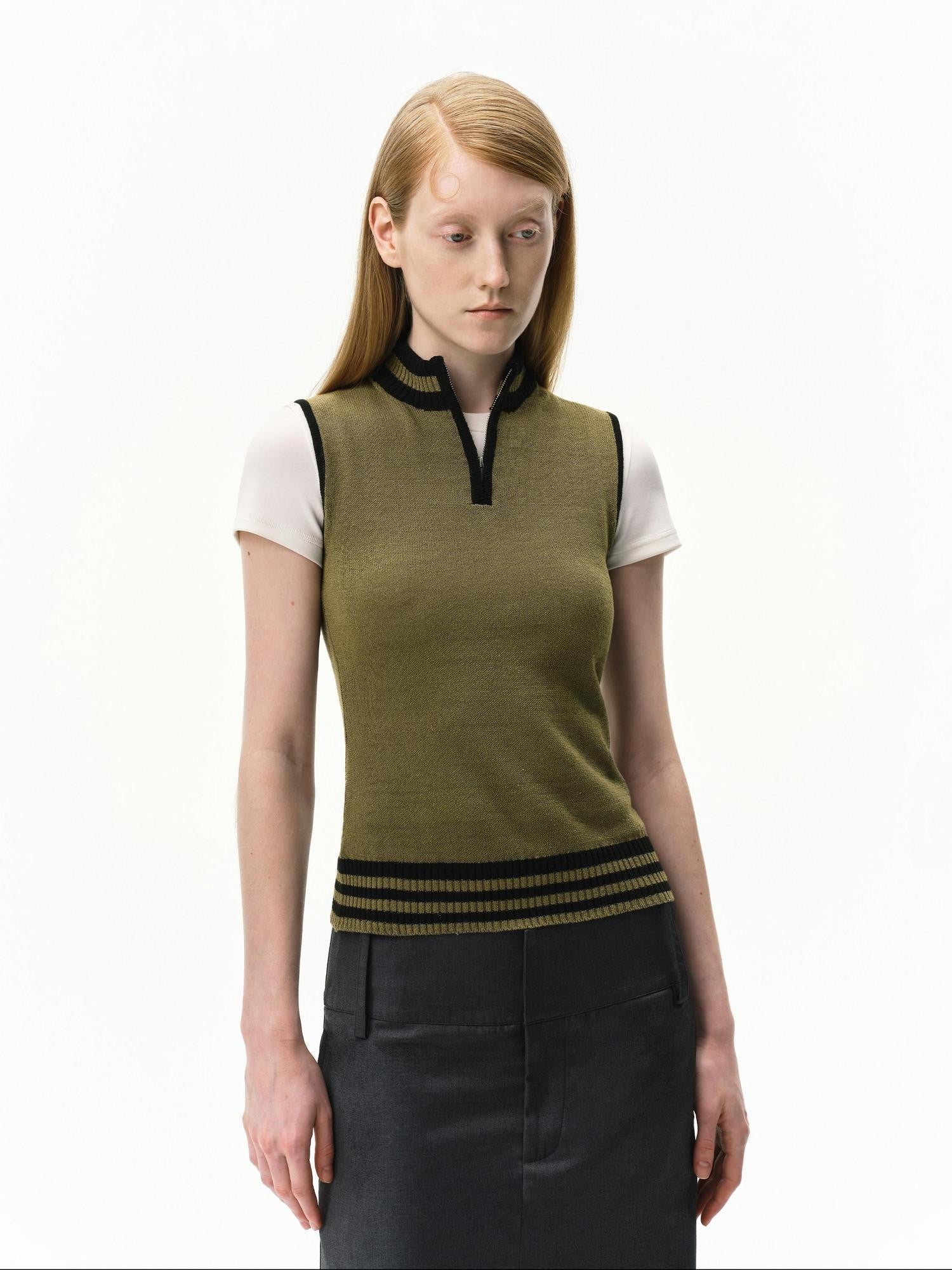 RUN TO THE FUTURE Linen Knit Mock Neck Racerback Slimming Women&