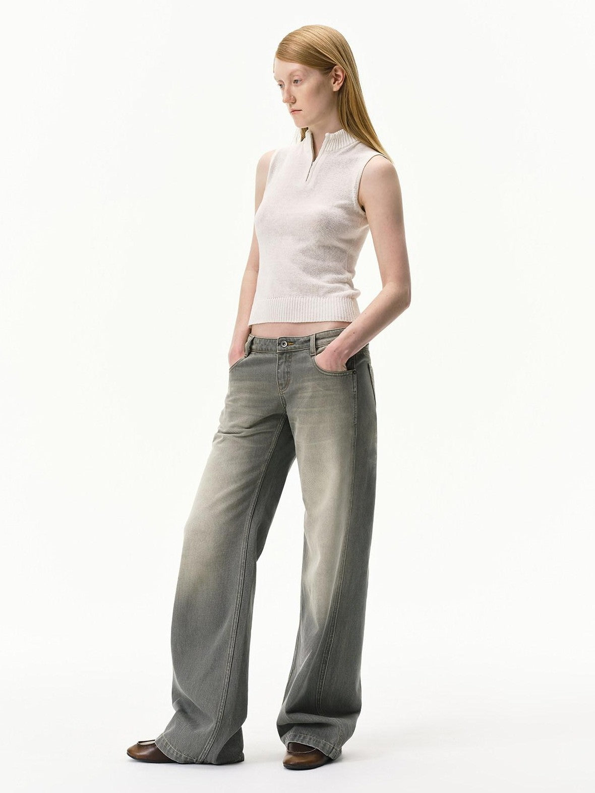 RUN TO THE FUTURE Linen Knit Mock Neck Racerback Slimming Women&