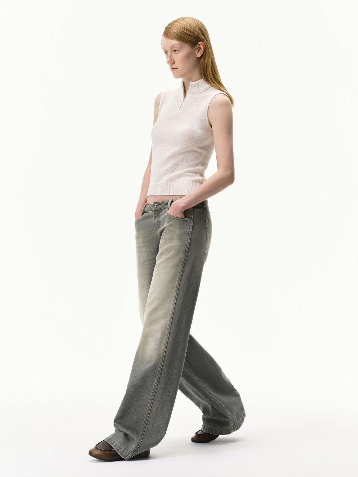 RUN TO THE FUTURE Linen Knit Mock Neck Racerback Slimming Women&