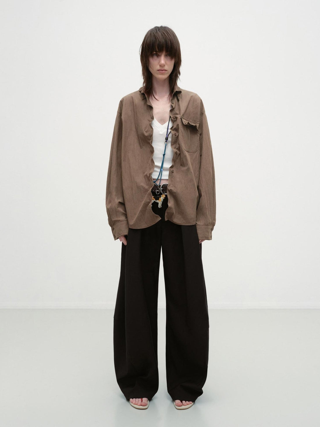 RUN TO THE FUTURE Loose Pleated Open Front Unisex Cotton Blend Midlength Vintage Brown Blouses