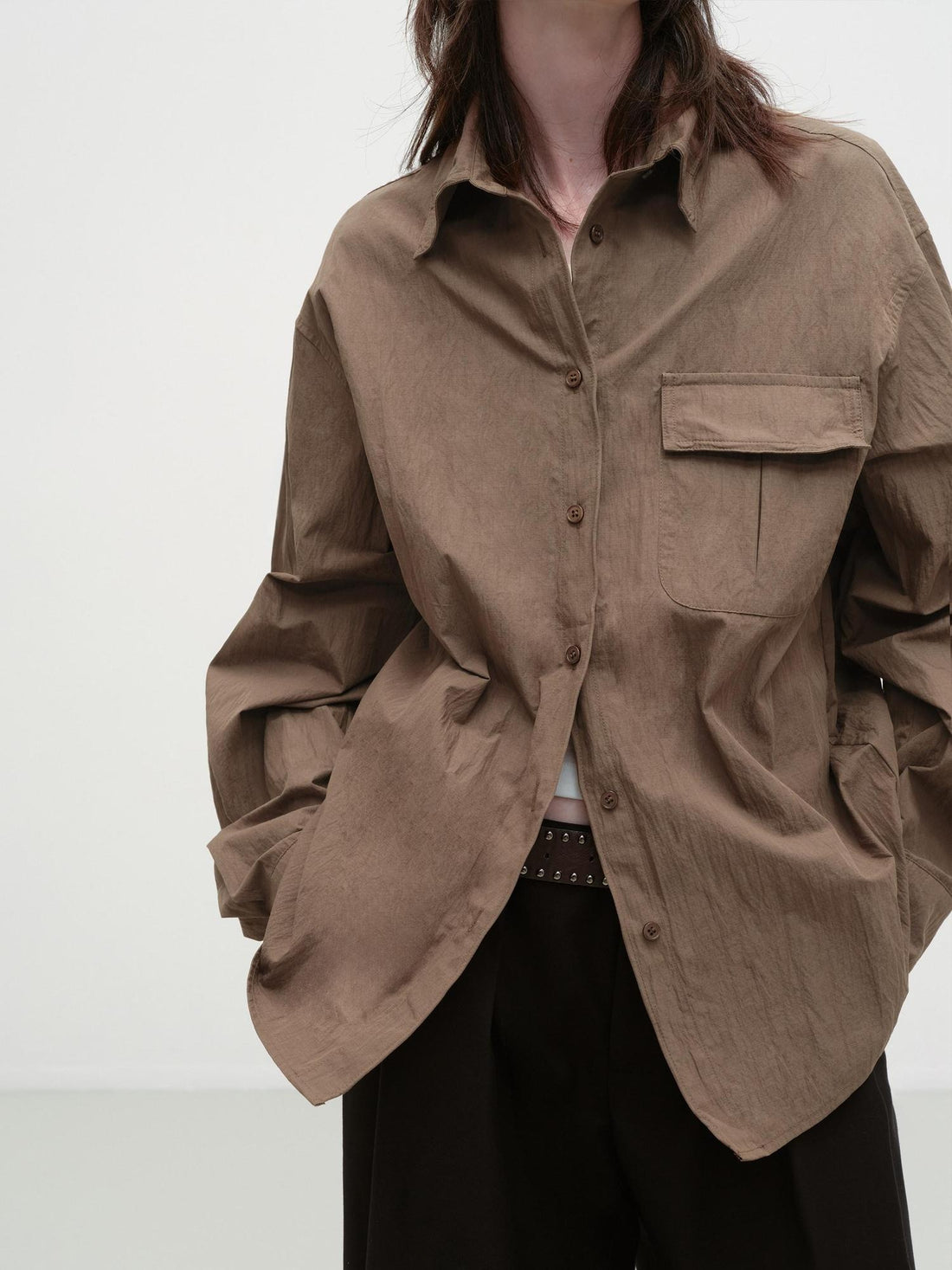 RUN TO THE FUTURE Loose Pleated Open Front Unisex Cotton Blend Midlength Vintage Brown Blouses