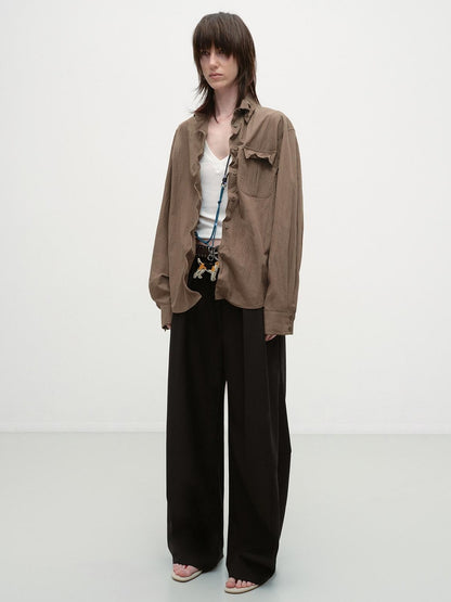 RUN TO THE FUTURE Loose Pleated Open Front Unisex Cotton Blend Midlength Vintage Brown Blouses