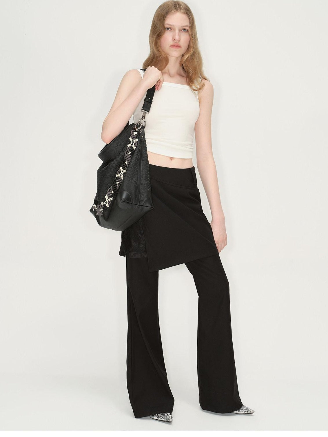 RUN TO THE FUTURE Low Rise Lace Faux Layered Casual Womens Classic Black Flare Pants