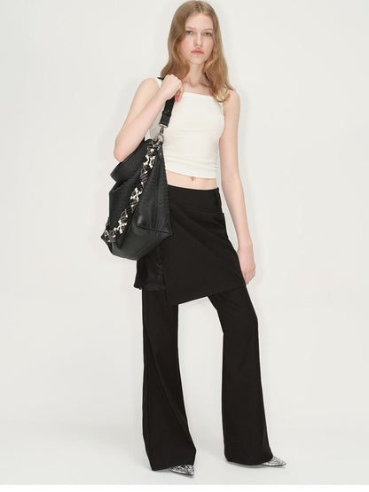 RUN TO THE FUTURE Low Rise Lace Faux Layered Casual Womens Classic Black Flare Pants