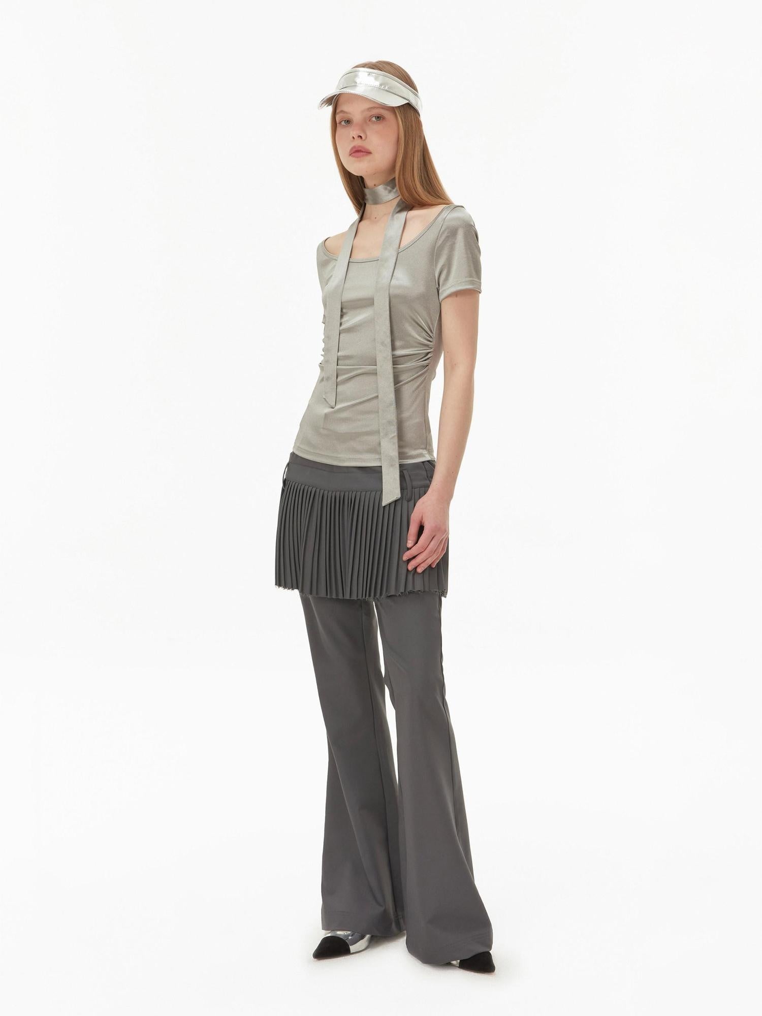 RUN TO THE FUTURE Low Rise Micro Flare Casual Ladies Stretch Polyester Blend Cement Gray Skorts