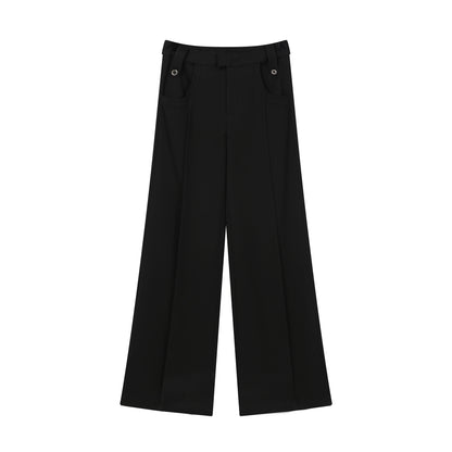 RUN TO THE FUTURE Low Rise Pocket Office Korean Wide Leg Girls Black Poly Blend Straight Pants