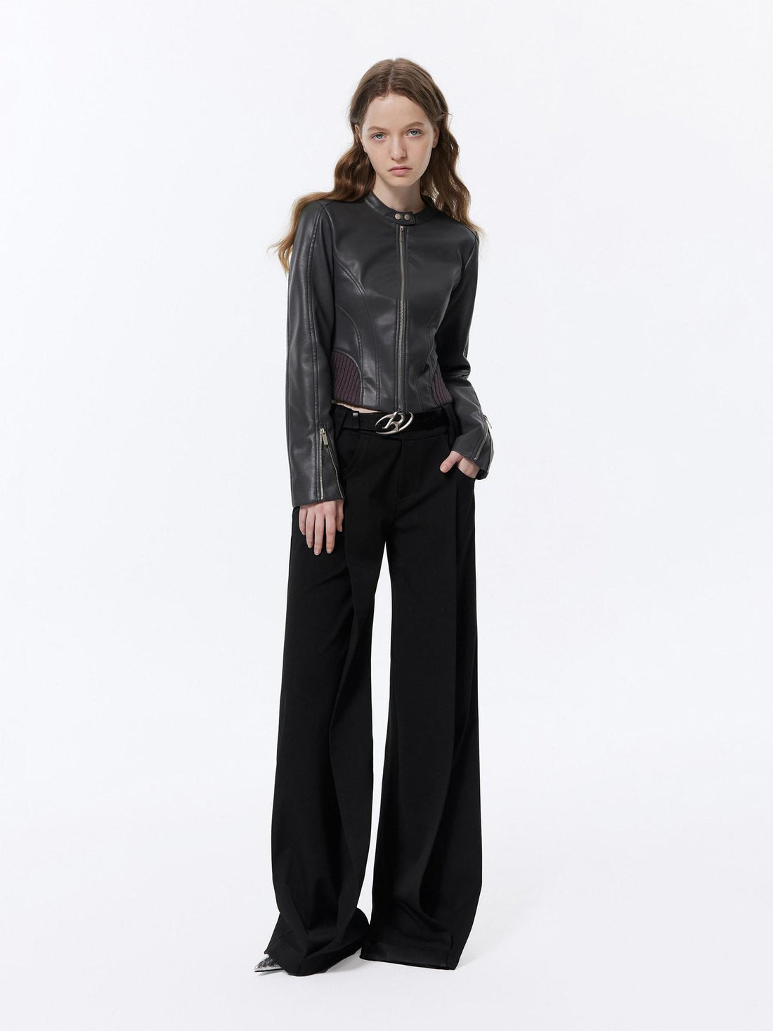 RUN TO THE FUTURE Low Rise Pocket Office Korean Wide Leg Girls Black Poly Blend Straight Pants