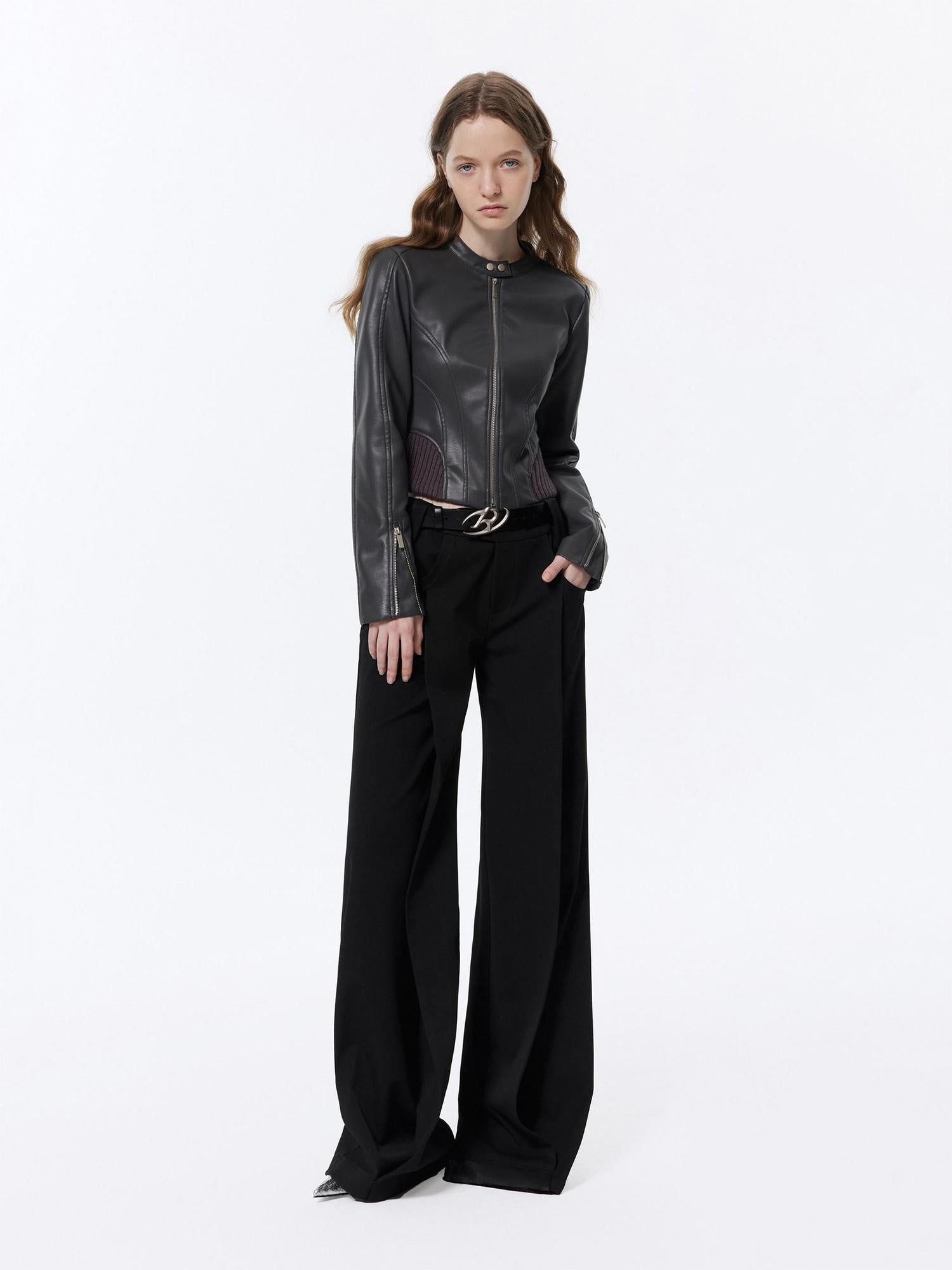 RUN TO THE FUTURE Low Rise Pocket Office Korean Wide Leg Girls Black Poly Blend Straight Pants