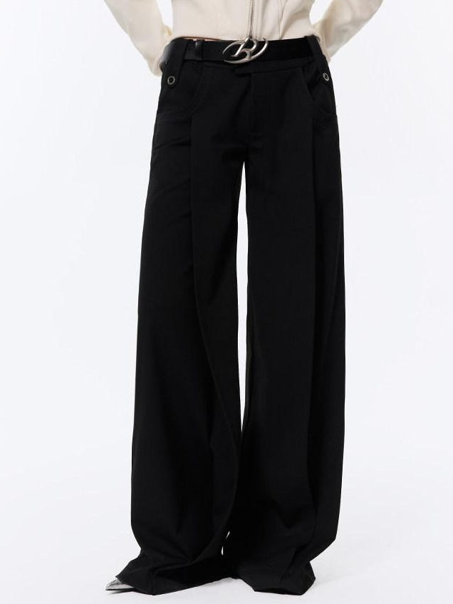 RUN TO THE FUTURE Low Rise Pocket Office Korean Wide Leg Girls Black Poly Blend Straight Pants
