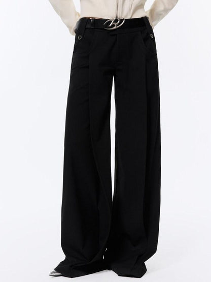 RUN TO THE FUTURE Low Rise Pocket Office Korean Wide Leg Girls Black Poly Blend Straight Pants