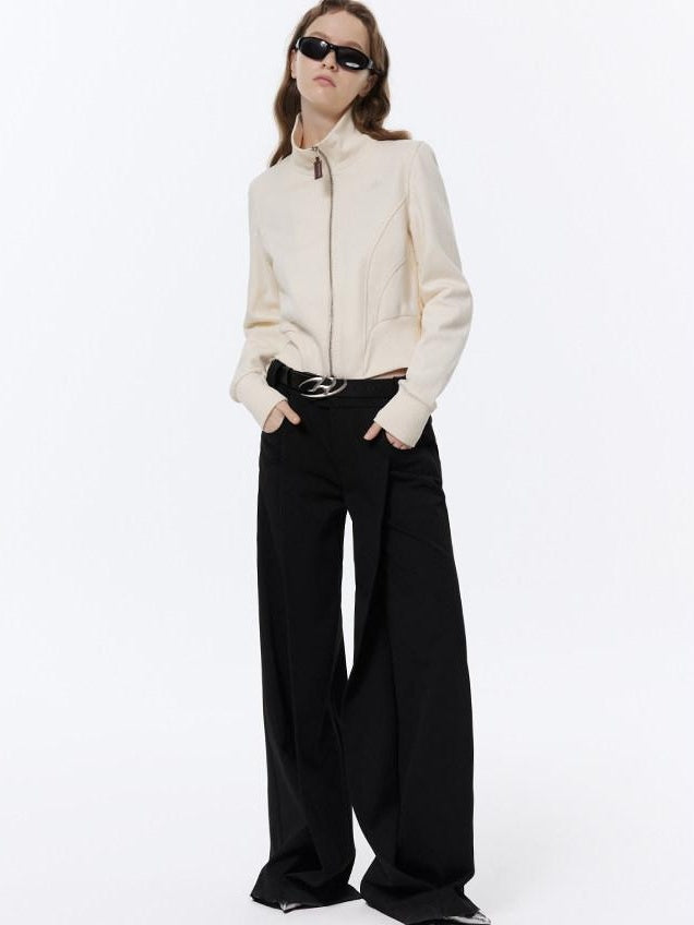 RUN TO THE FUTURE Low Rise Pocket Office Korean Wide Leg Girls Black Poly Blend Straight Pants