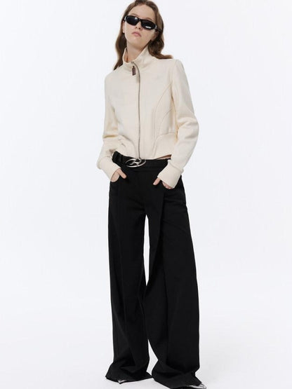RUN TO THE FUTURE Low Rise Pocket Office Korean Wide Leg Girls Black Poly Blend Straight Pants