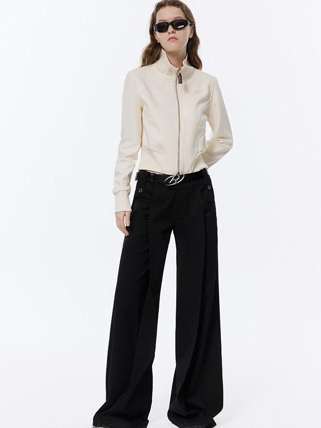 RUN TO THE FUTURE Low Rise Pocket Office Korean Wide Leg Girls Black Poly Blend Straight Pants