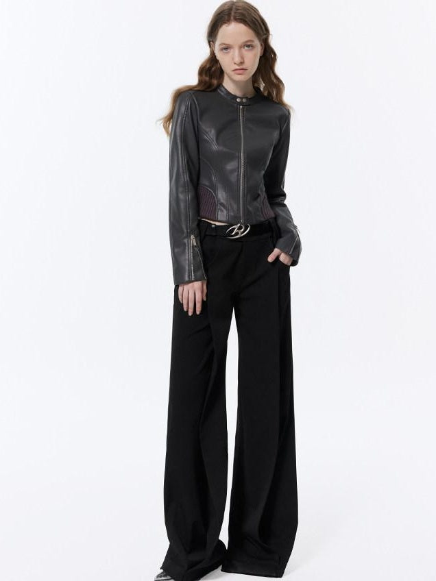 RUN TO THE FUTURE Low Rise Pocket Office Korean Wide Leg Girls Black Poly Blend Straight Pants