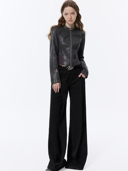 RUN TO THE FUTURE Low Rise Pocket Office Korean Wide Leg Girls Black Poly Blend Straight Pants