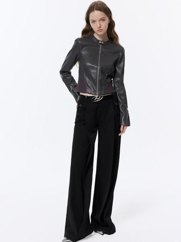 RUN TO THE FUTURE Low Rise Pocket Office Korean Wide Leg Girls Black Poly Blend Straight Pants
