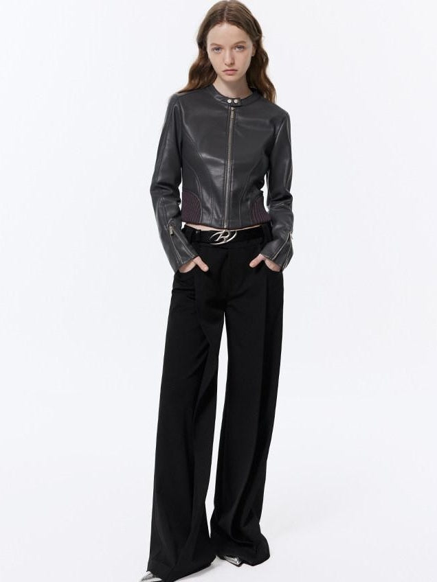 RUN TO THE FUTURE Low Rise Pocket Office Korean Wide Leg Girls Black Poly Blend Straight Pants