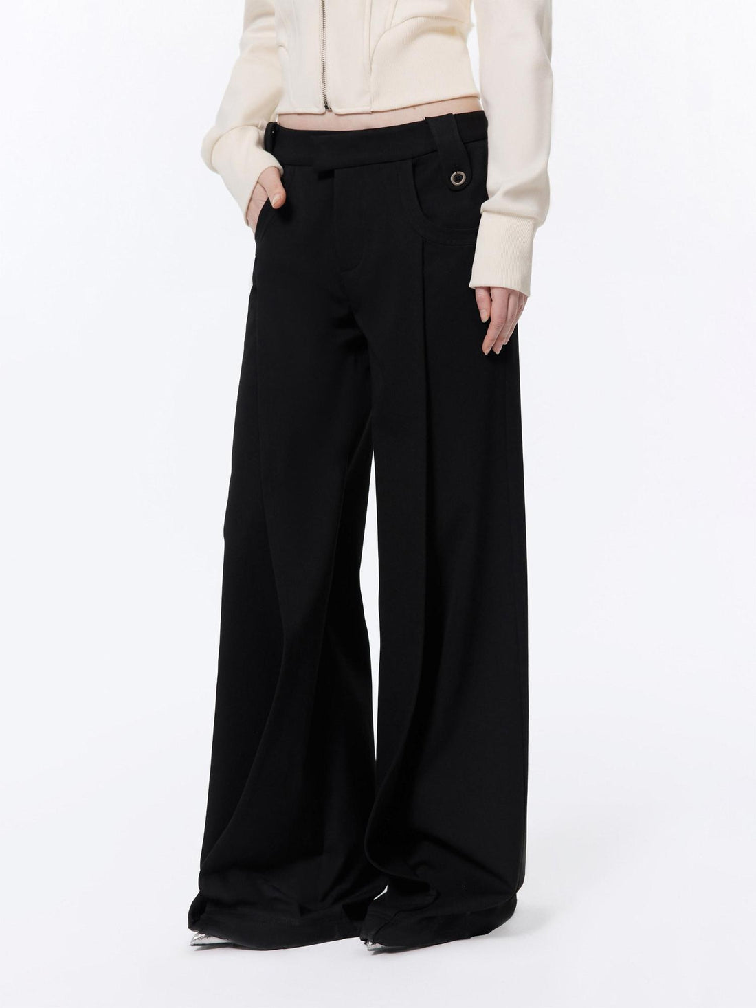 RUN TO THE FUTURE Low Rise Pocket Office Korean Wide Leg Girls Black Poly Blend Straight Pants