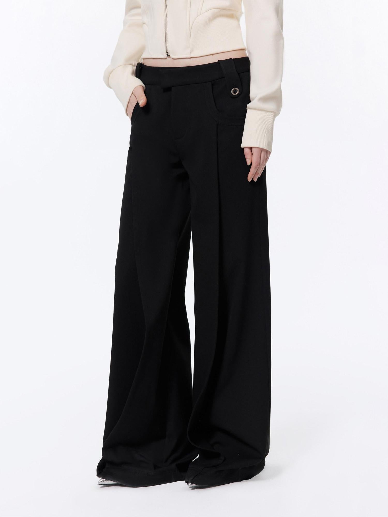 RUN TO THE FUTURE Low Rise Pocket Office Korean Wide Leg Girls Black Poly Blend Straight Pants