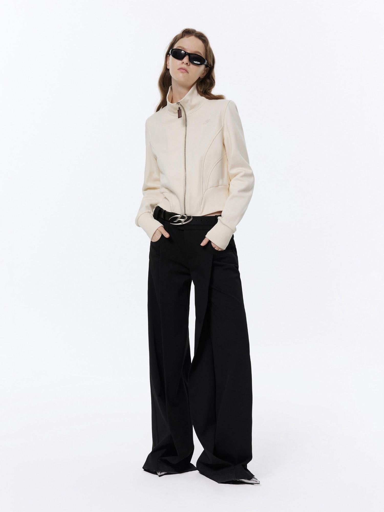 RUN TO THE FUTURE Low Rise Pocket Office Korean Wide Leg Girls Black Poly Blend Straight Pants