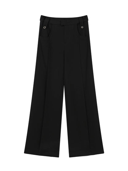 RUN TO THE FUTURE Low Rise Pocket Office Korean Wide Leg Girls Black Poly Blend Straight Pants
