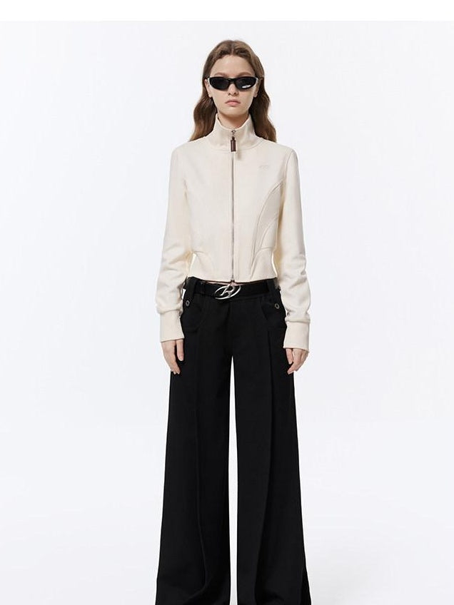 RUN TO THE FUTURE Low Rise Pocket Office Korean Wide Leg Girls Black Poly Blend Straight Pants