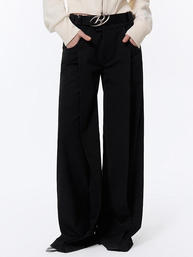 RUN TO THE FUTURE Low Rise Pocket Office Korean Wide Leg Girls Black Poly Blend Straight Pants