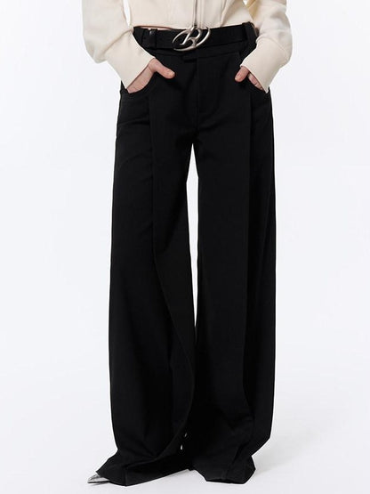 RUN TO THE FUTURE Low Rise Pocket Office Korean Wide Leg Girls Black Poly Blend Straight Pants