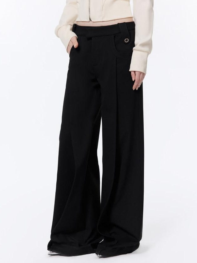RUN TO THE FUTURE Low Rise Pocket Office Korean Wide Leg Girls Black Poly Blend Straight Pants