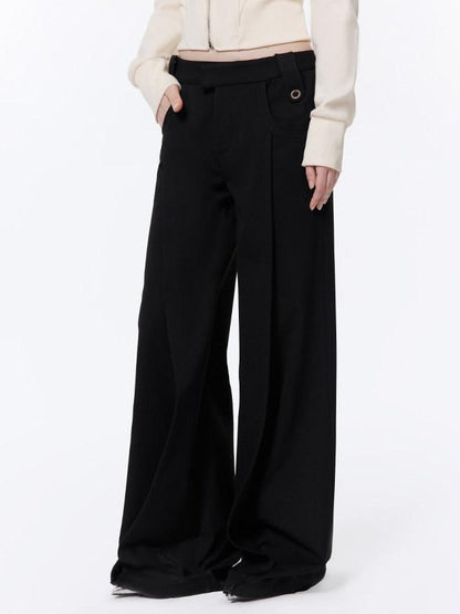 RUN TO THE FUTURE Low Rise Pocket Office Korean Wide Leg Girls Black Poly Blend Straight Pants