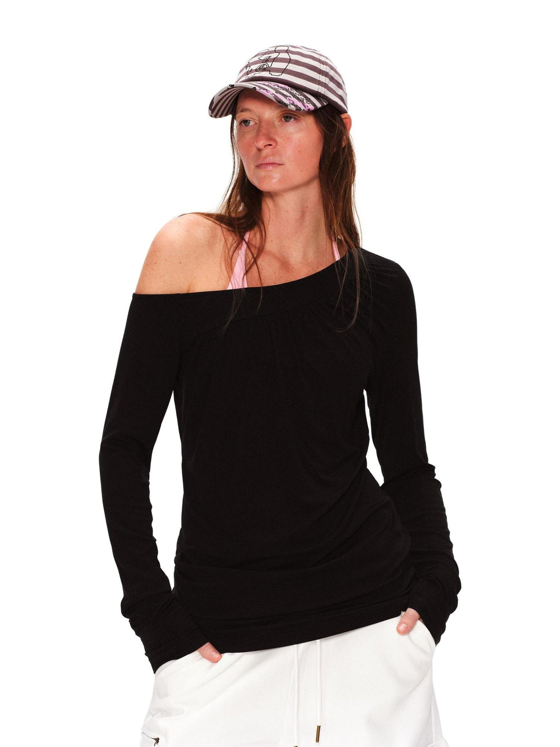 RUN TO THE FUTURE Lyocell Asymmetric Ruched Oversized Slanted Neck Women Long Sleeve T-Shirts