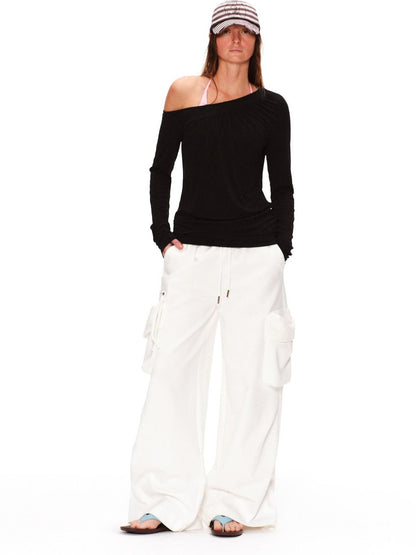 RUN TO THE FUTURE Lyocell Asymmetric Ruched Oversized Slanted Neck Women Long Sleeve T-Shirts