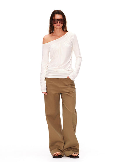 RUN TO THE FUTURE Lyocell Asymmetric Ruched Oversized Slanted Neck Women Long Sleeve T-Shirts