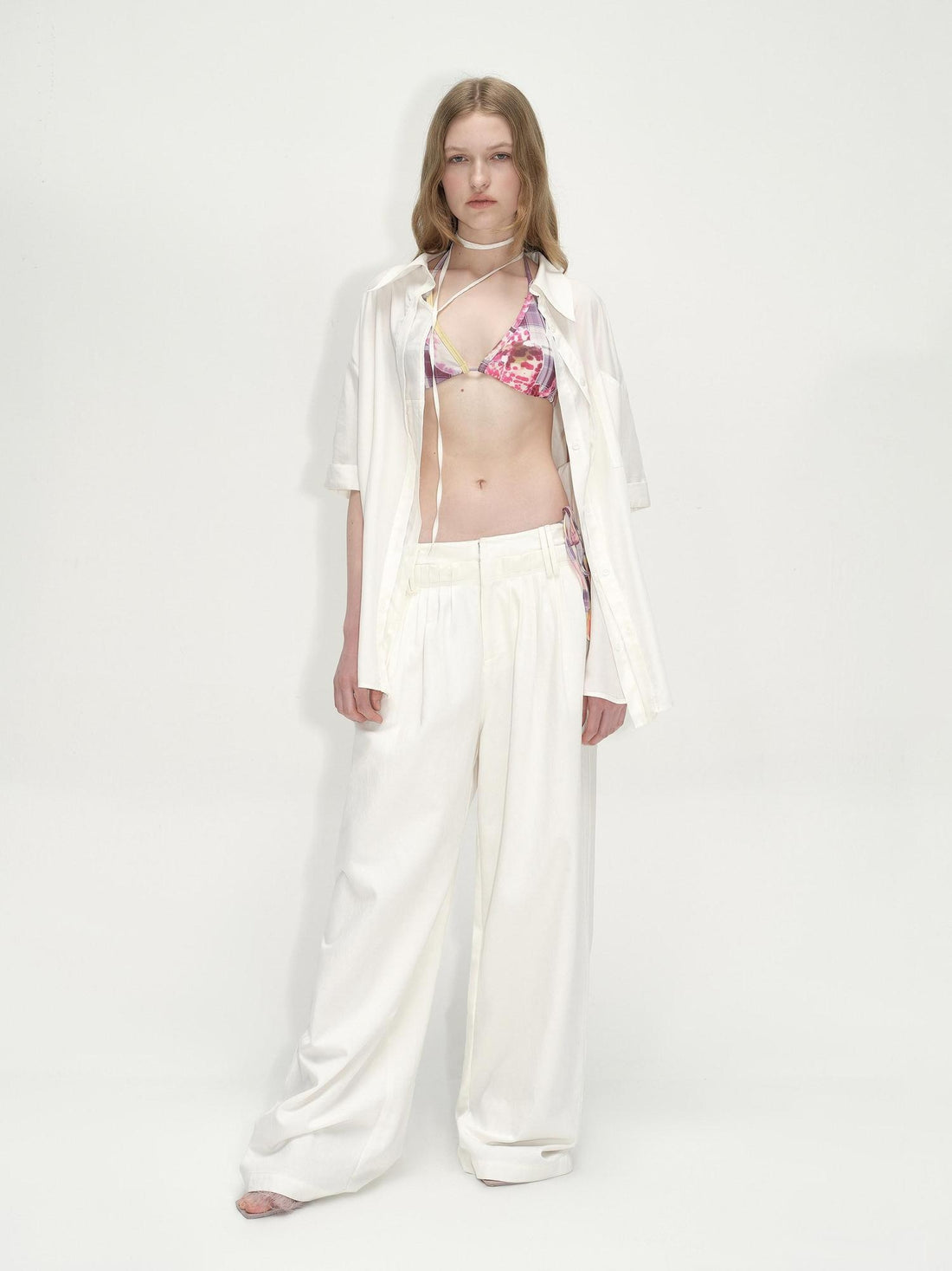 RUN TO THE FUTURE Lyocell Cotton Wide Leg Pocket Double Waist Low Rise Women White Straight Pants