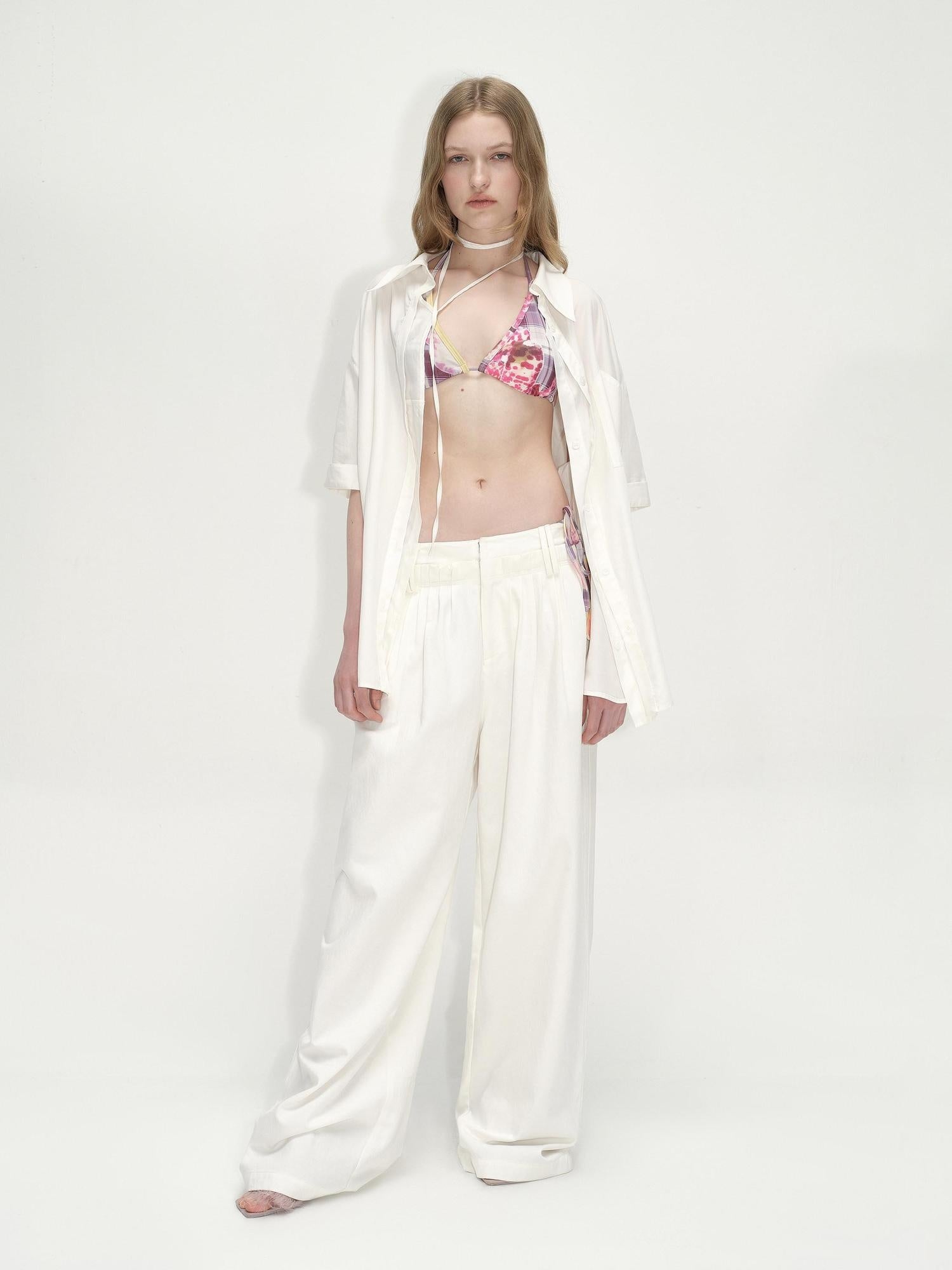 RUN TO THE FUTURE Lyocell Cotton Wide Leg Pocket Double Waist Low Rise Women White Straight Pants